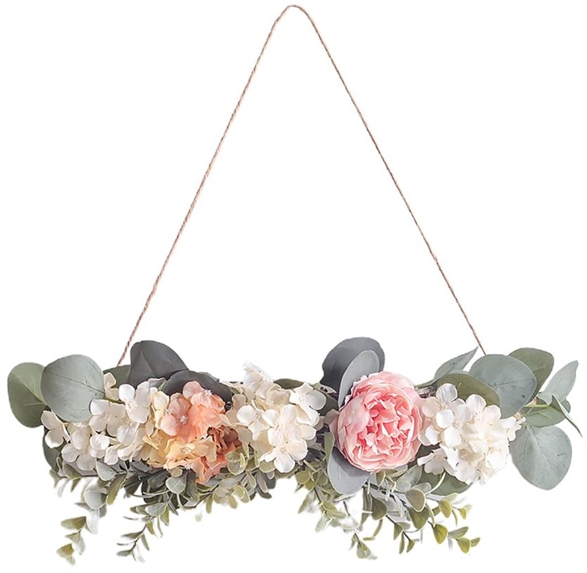Dailygoods- Dekrans met Rozenslinger - Bloemen Decoratie - Kunstbloemenkrans - Wanddecoratie - Bruiloft Decoratie - Duurzaam Hout en Doek - 38x12x12 cm - Bloemendecoratie