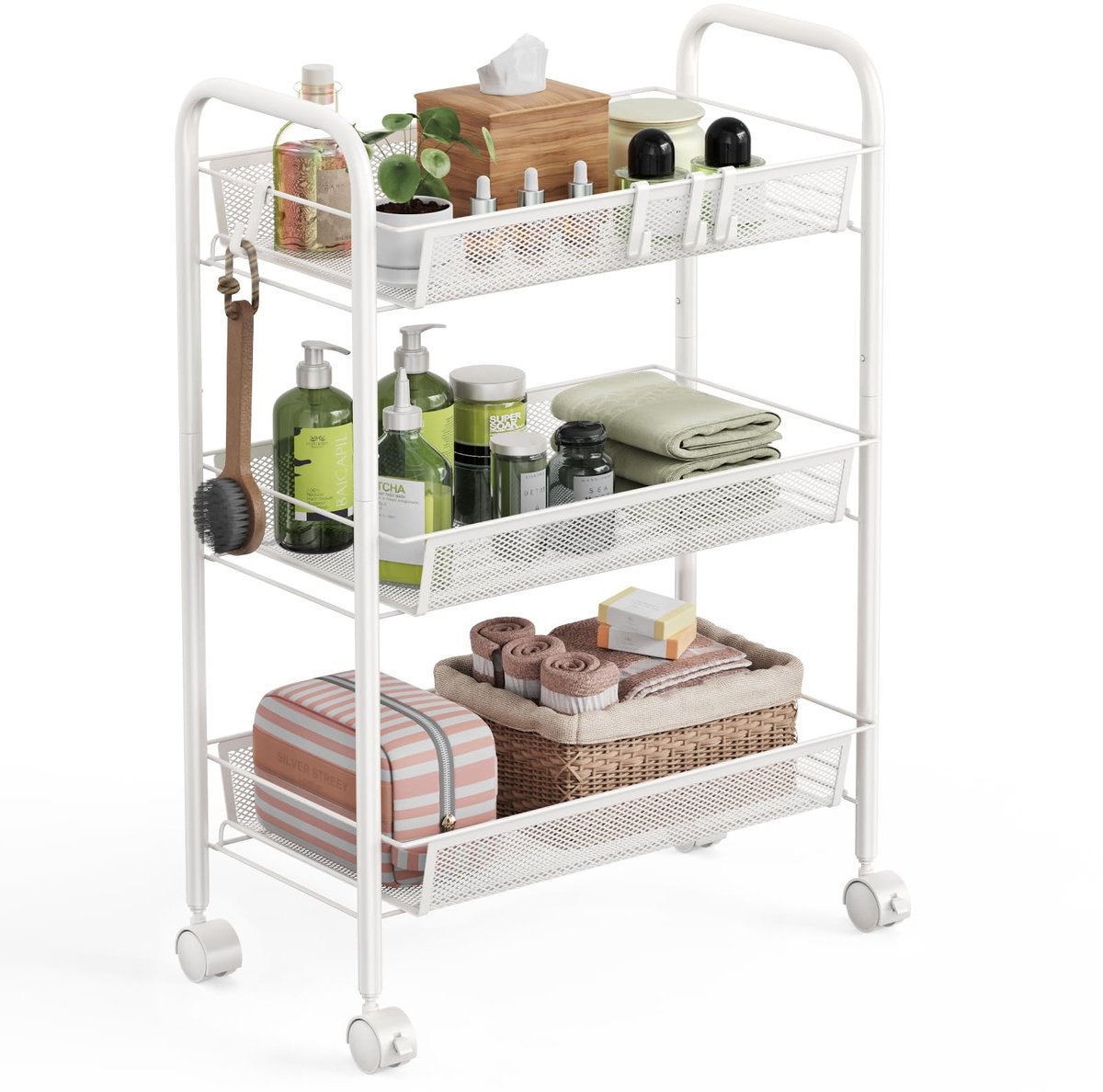 Dailygoods- Opbergwagen 3 Niveaus - Mobiele Opbergwagen - Draagbaar - Stabiel - Metalen Wagen - Eenvoudig te Monteren - Opbergtrolley