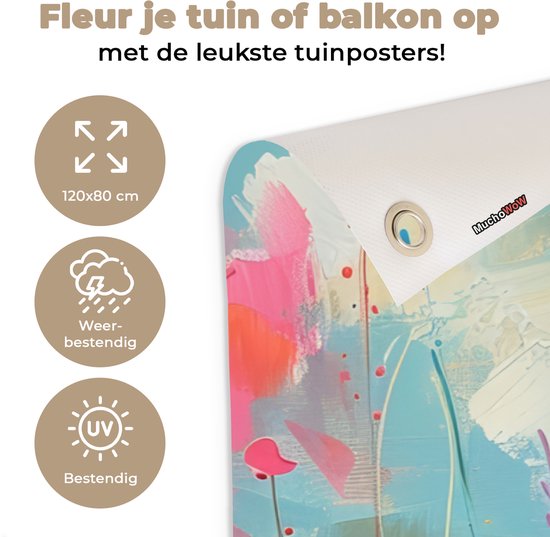 Tuinposter 120x80 cm - Tuindecoratie Schotse hooglander - Natuur - Kleurrijk - Bloemen - Poster voor in de tuin - Buiten decoratie - Schutting tuinschilderij - Tuindoek muurdecoratie - Wanddecoratie balkondoek