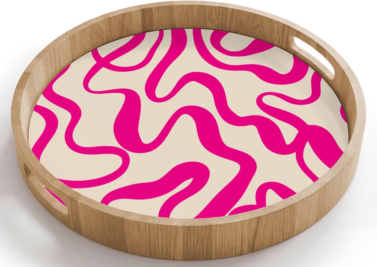 Dienblad rond 40x40 cm - Schootdienblad hout - Lijnen - Roze - Beige - Abstract - Minimalistisch - Borrelplank rechthoek - Plateau houten dienbladen