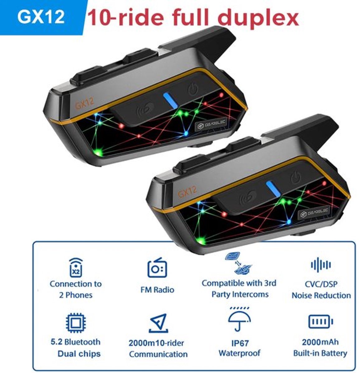 Gearelec - GX12 - 2 stuks - Motorfiets Intercom - Motorhelm - Bluetooth - Headsets - Handsfree - Communicator - Interphone - Voor 2-10 Renners