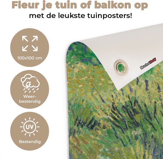 Tuinposter 100x100 cm - Tuindecoratie Grasveld met bloemen en vlinders - Schilderij van Vincent van Gogh - Poster voor in de tuin - Buiten decoratie - Schutting tuinschilderij - Tuindoek muurdecoratie - Wanddecoratie balkondoek