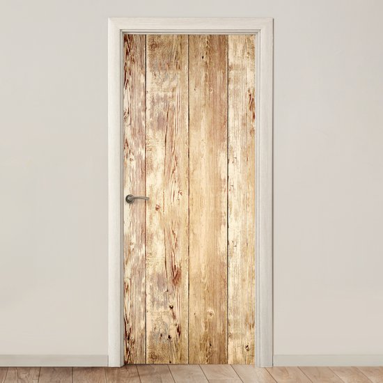 Zelfklevende deurposter met verweerde houten planken print, toegepast op een binnendeur.