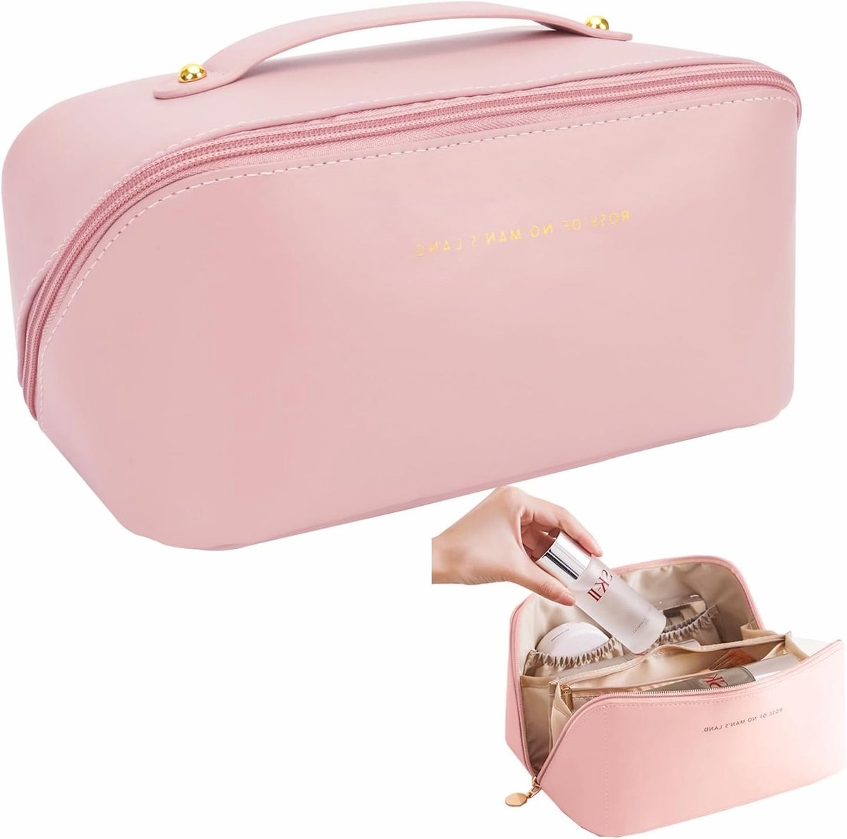 Grote Reistas voor Vrouwen, Ruime Waszak en Draagbare Cosmetica Organizer van Leer voor Cosmetica, Accessoires en Toiletartikelen in Off White/Pink, Elegant en Functioneel
