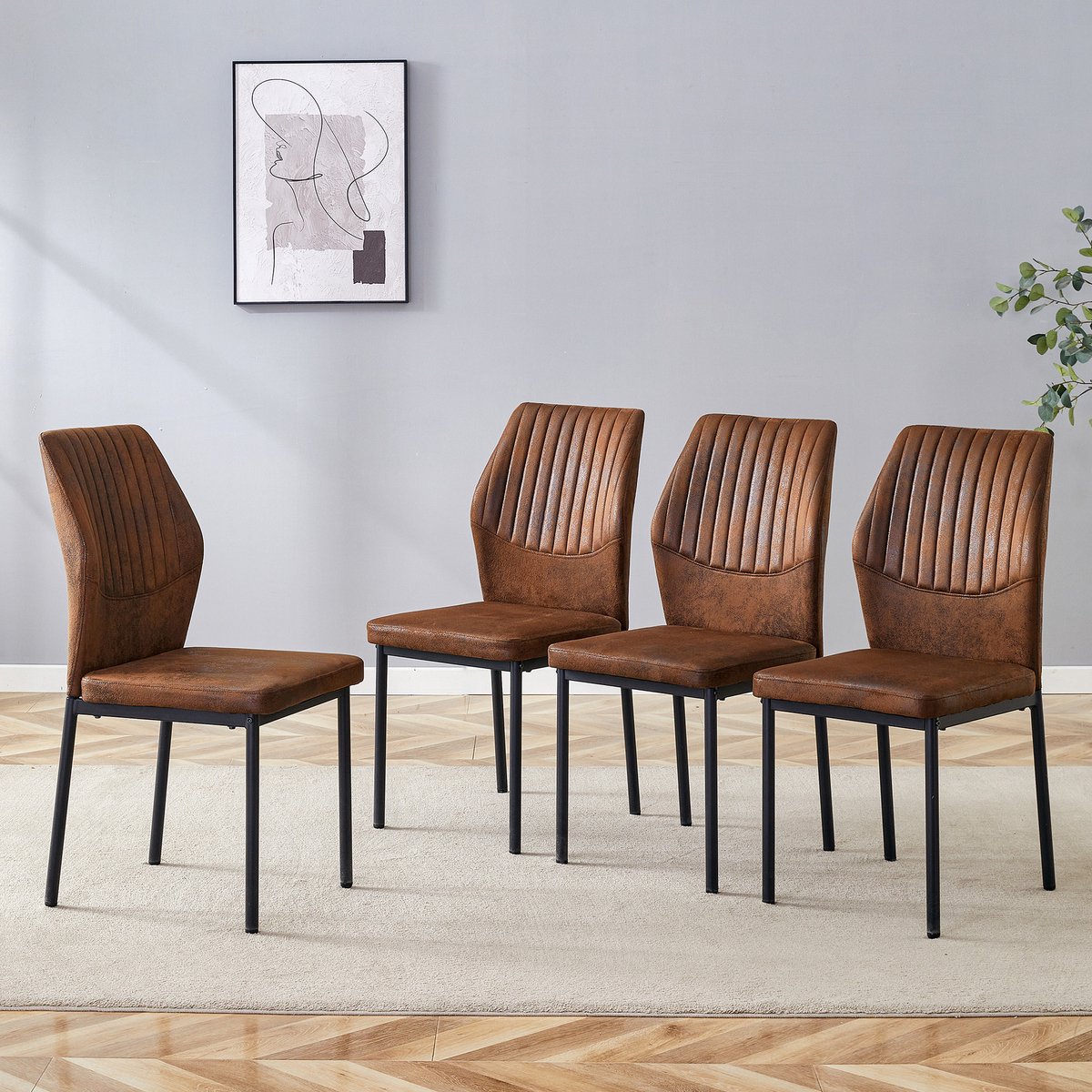 FloraGrace Eetkamerstoel – Set Van 4 – Modern Contrastdesign Met Verticale Stiksels – Stof En Metaal – Bruin Zwart Bruin+Zwart