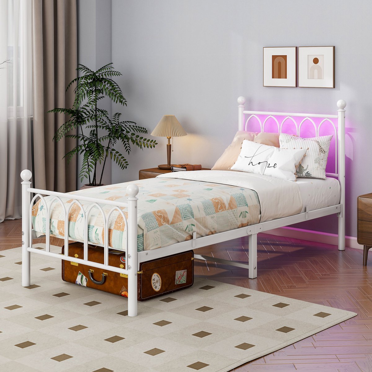MODFU Metalen Bedframe – 90x200 cm – Met Hoog Hoofd- & Voetbord – LED & USB – Wit