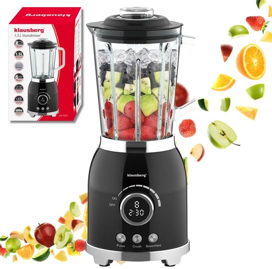 Klausberg - Blender - Smoothie Maker met LED Display - IJscrusher - Glazen Blender met 6 RVS Messen - Smoothie Blender met Timer - Keuken Blender 8 Snelheden - Crushed Ice Mixer - 1.5L - 600W - Zwart van Merkloos — afbeelding 5