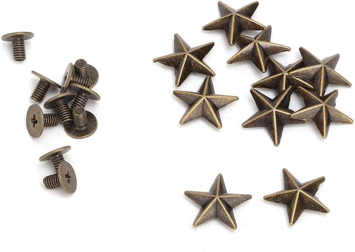 10 Set Metalen Ster Rivets 14mm voor Leerbewerking, Kleding, Tassen en Hondenhalsbanden - Bronzen Studs en Spikes