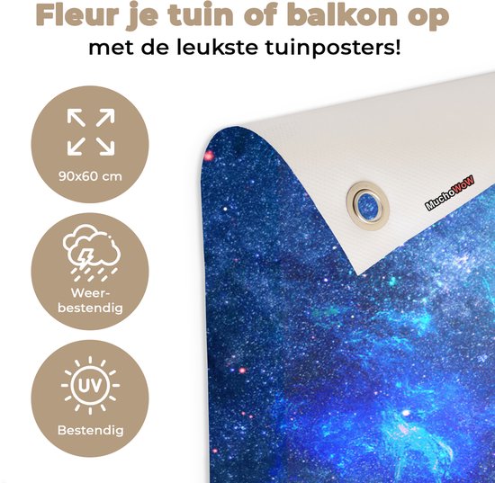 Tuinposter 90x60 cm - Tuindecoratie Heelal - Blauw - Sterren - Poster voor in de tuin - Buiten decoratie - Schutting tuinschilderij - Tuindoek muurdecoratie - Wanddecoratie balkondoek