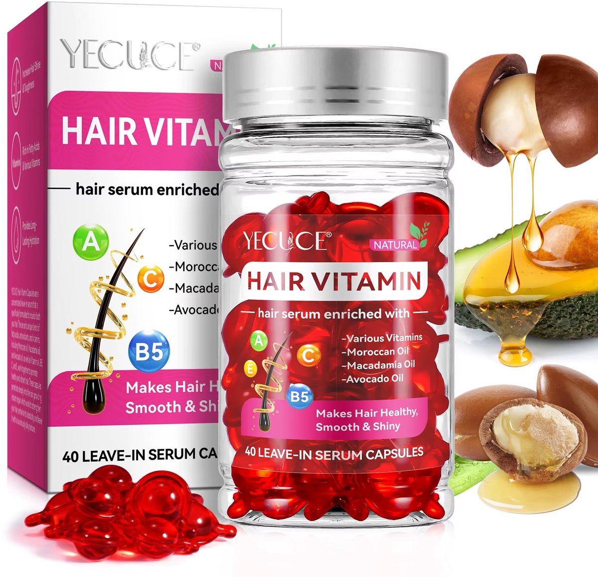 YECUCE Hair Vitamin Capsules – Leave-In Haarserum met Marokkaanse Olie, Macadamia & Avocado – 40 Capsules – Voor Alle Haartypes