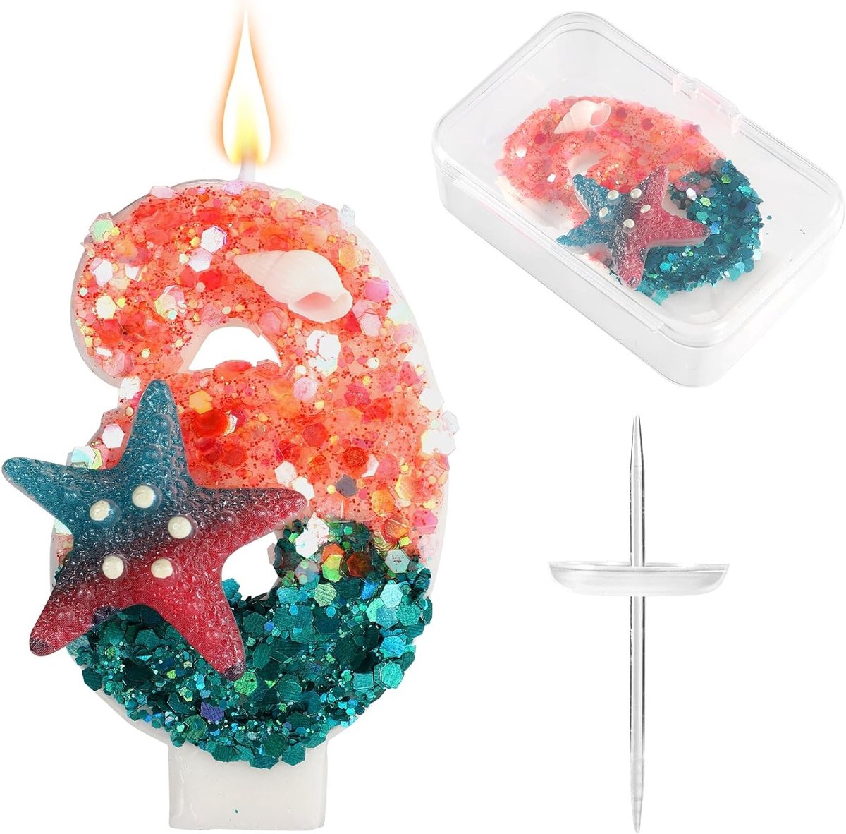 Zeemeermin Taarttopper met Nummerkaars en Zeester voor Verjaardagsfeestjes, Babyshowers en Bruiloften Decoratie (Nummer 6)