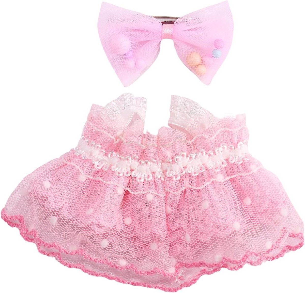 Schattige 17cm Pluche Poppenkleding Set met Roze Kawaii Jurk en Strik Haarspeld, Modeaccessoires voor Gevulde Poppen en Minifiguren
