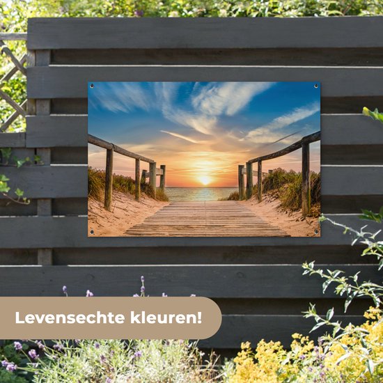 Tuinposter strand - Tuindecoratie zonsondergang - 120x80 cm - Wanddecoratie voor buiten - Schutting decoratie - Buitenposter - Schuttingdoek - Tuindoeken - Tuin doek - Balkon poster