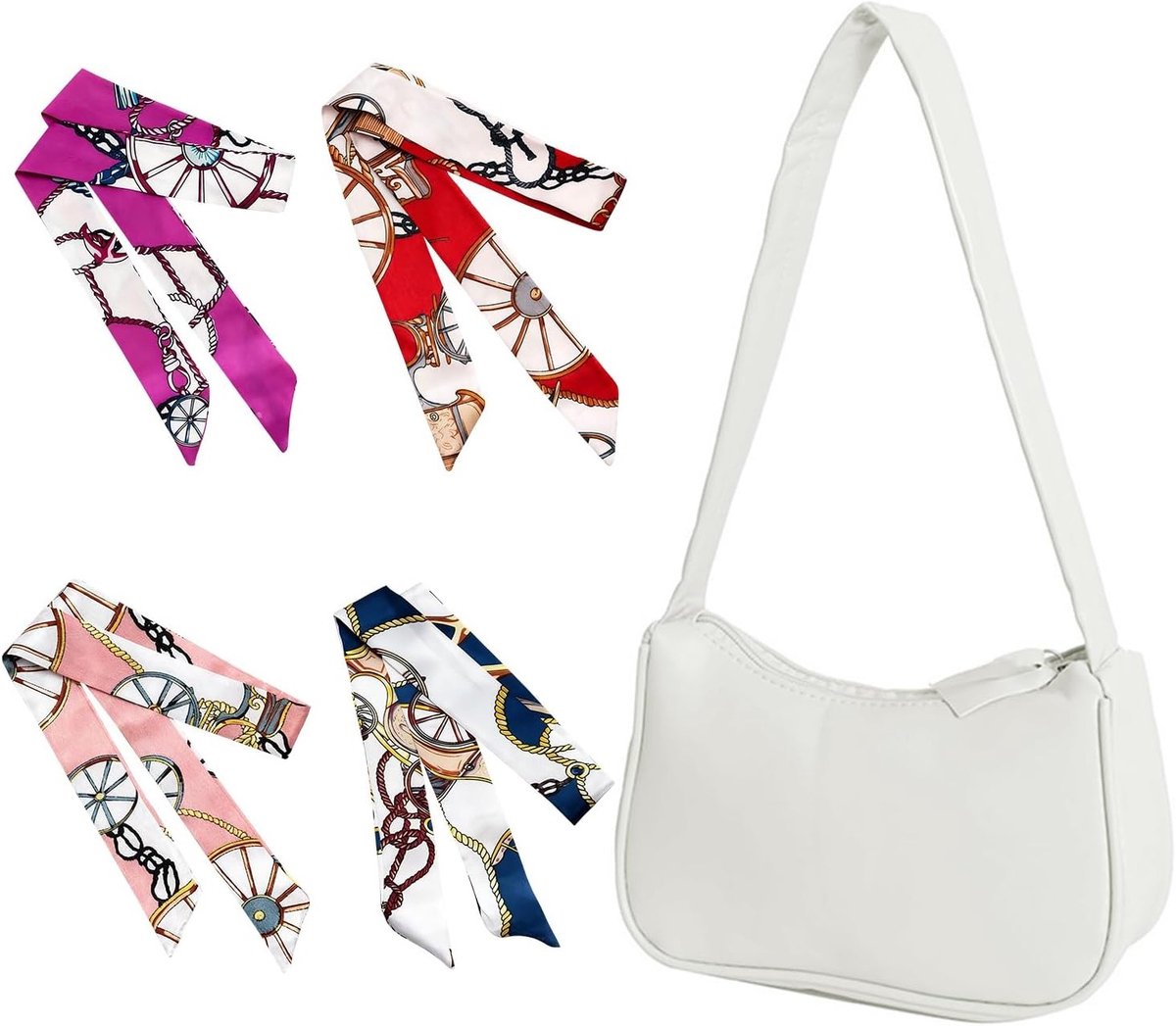 Elegante witte handtas met 4 vervangende zijden sjaals, stijlvolle schoudertas voor diverse dagelijkse outfits en gelegenheden