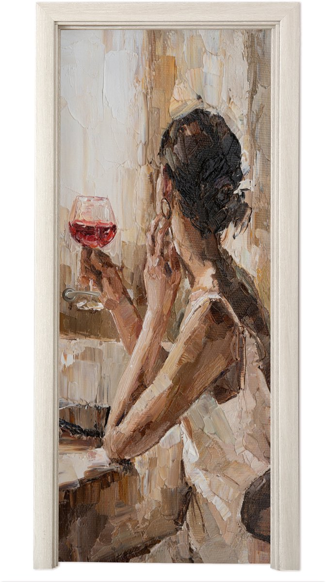Deurposter 95x235 cm - Deursticker Schilderij - Olieverf - Vrouw - Wijn - Meubelfolie zelf