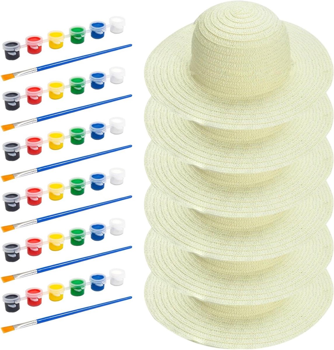 Stro Hoed Set - Knutsel Hoeden - Creatief Knutselen - Met Pigment Borstel - 6 Stuks - Wit
