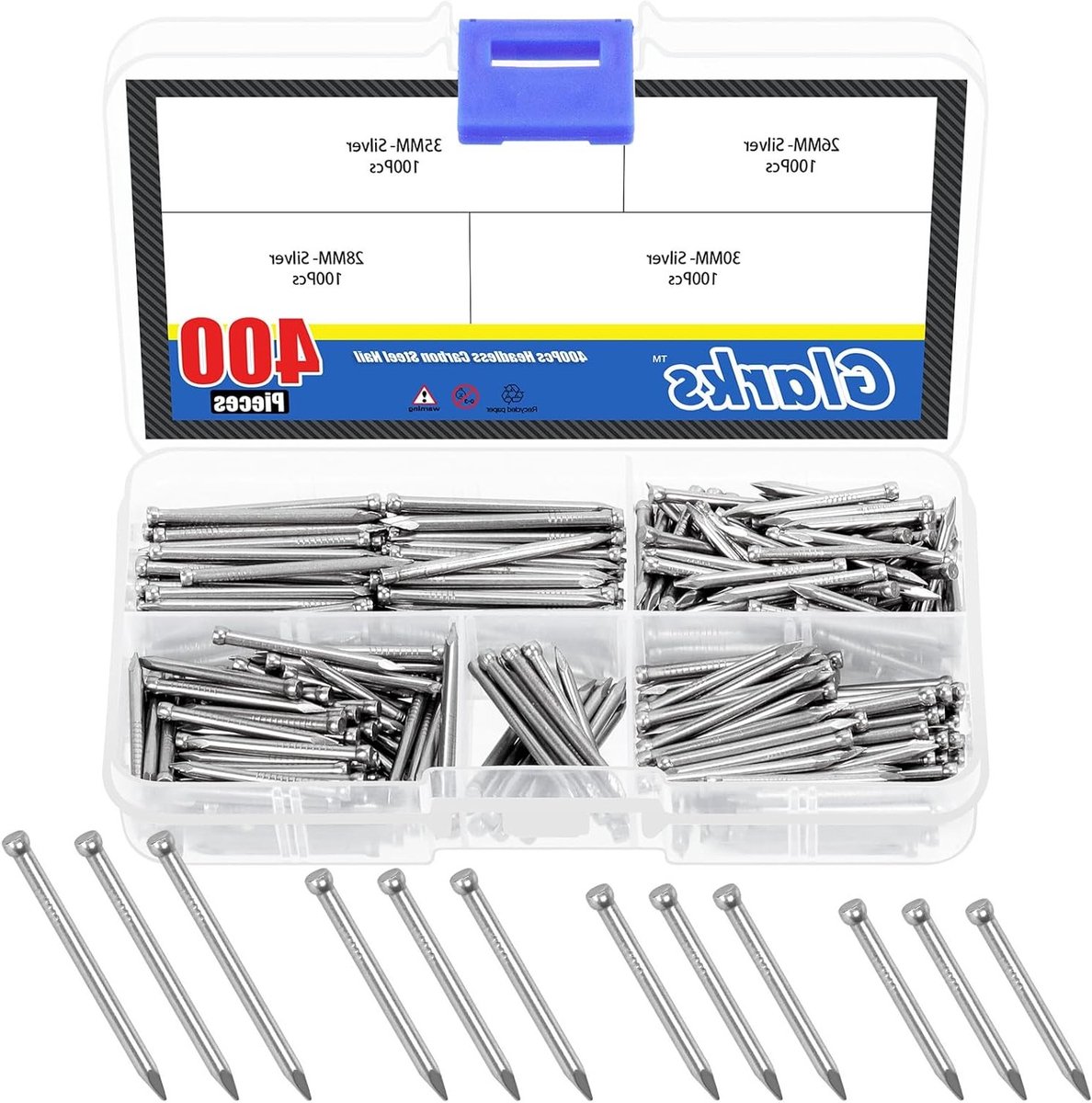 Nail Assortiment Kit 400 stuks - 26mm 28mm 30mm 35mm Handmatige Carbon Stalen Afwerkspijkers voor Wanddecoratie en Houten Lijsten