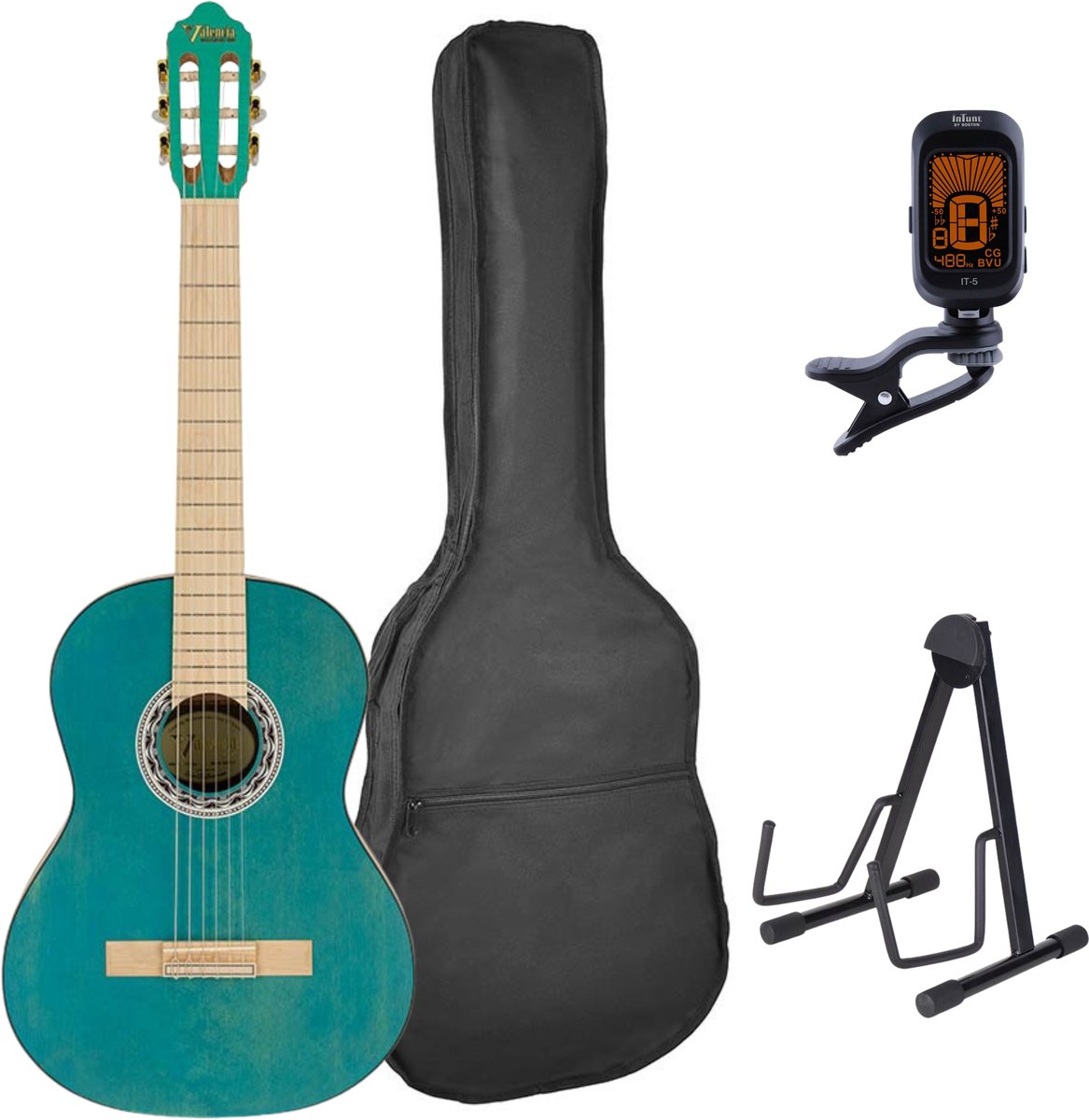 Valencia VC354HAB Klassieke Gitaar 4/4 – Sitka Spar & Mahonie, Aqua Blauw, Inclusief Tas, Standaard en Stemapparaat