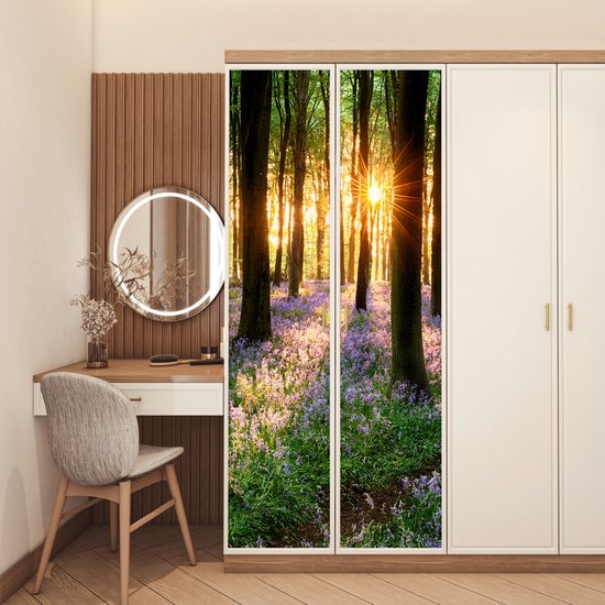 Sticker pour porte Forêt - Fleurs - Lavande - Soleil - Violet - Nature - 80x205 cm - Affiche de porte