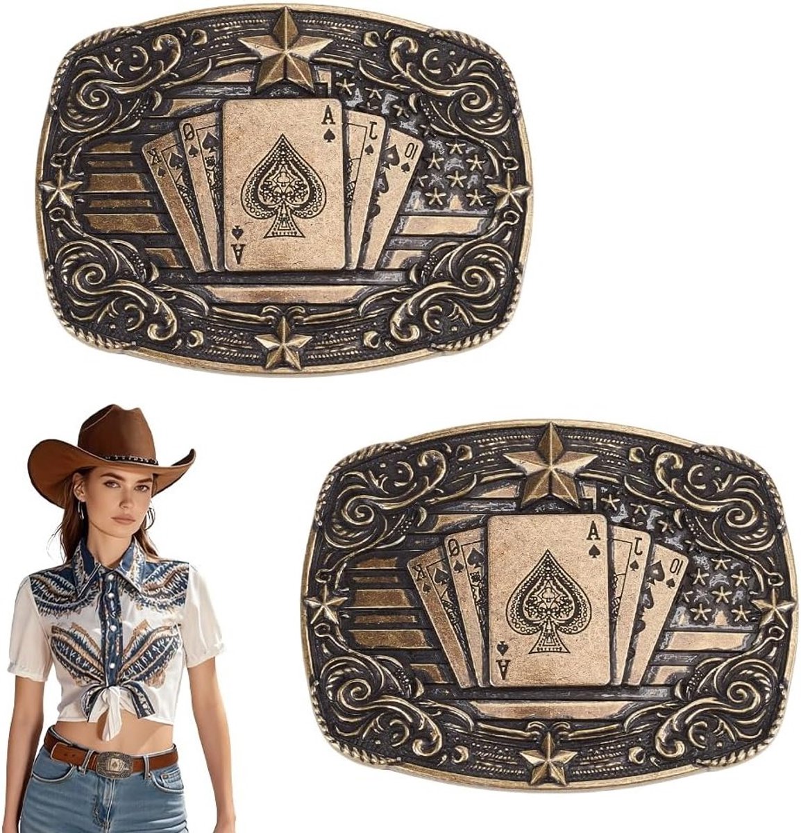 2 Stijlvolle Western Buckles voor Mannen, Cowboy Buckle 89 x 67 mm, Perfect voor Werk en Rodeo Activiteiten, Met Speelkaarten Ontwerp