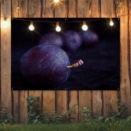 Mystérieuse photo de prunes violettes sur fond noir Affiche de jardin 180x120 cm - Toile de jardin / Toile d'extérieur / Peintures d'extérieur (décoration de jardin) XXL / Groot format!