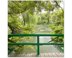 Tuinposter 100x100 cm - Tuindecoratie Uitzicht op het water vanaf de Japanse brug in Monet's tuin in het Franse Giverny - Poster voor in de tuin - Buiten decoratie - Schutting tuinschilderij - Tuindoek muurdecoratie - Wanddecoratie balkondoek
