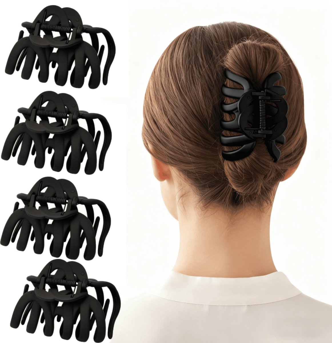 Set van 4 grote, matte, antislip haarclips in de vorm van een gigantische octopus - zwart