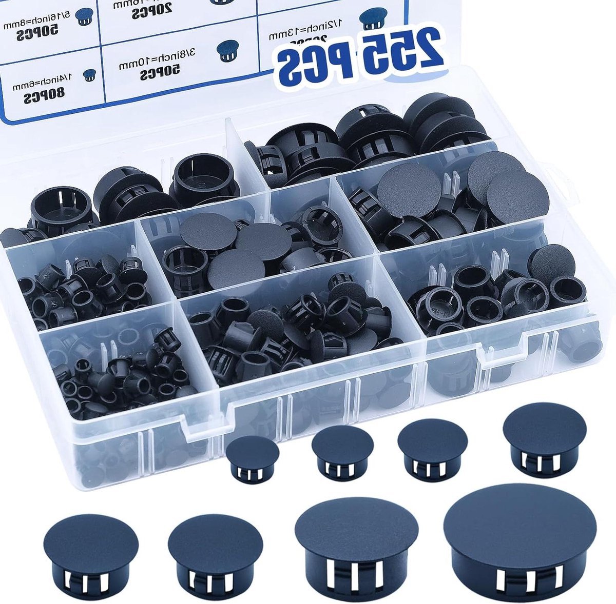 Plastic Gatpluggen - Boorgat Covers - Kasten Afwerken - 8 Gangbare Maten - 255 Stuks - Zwart