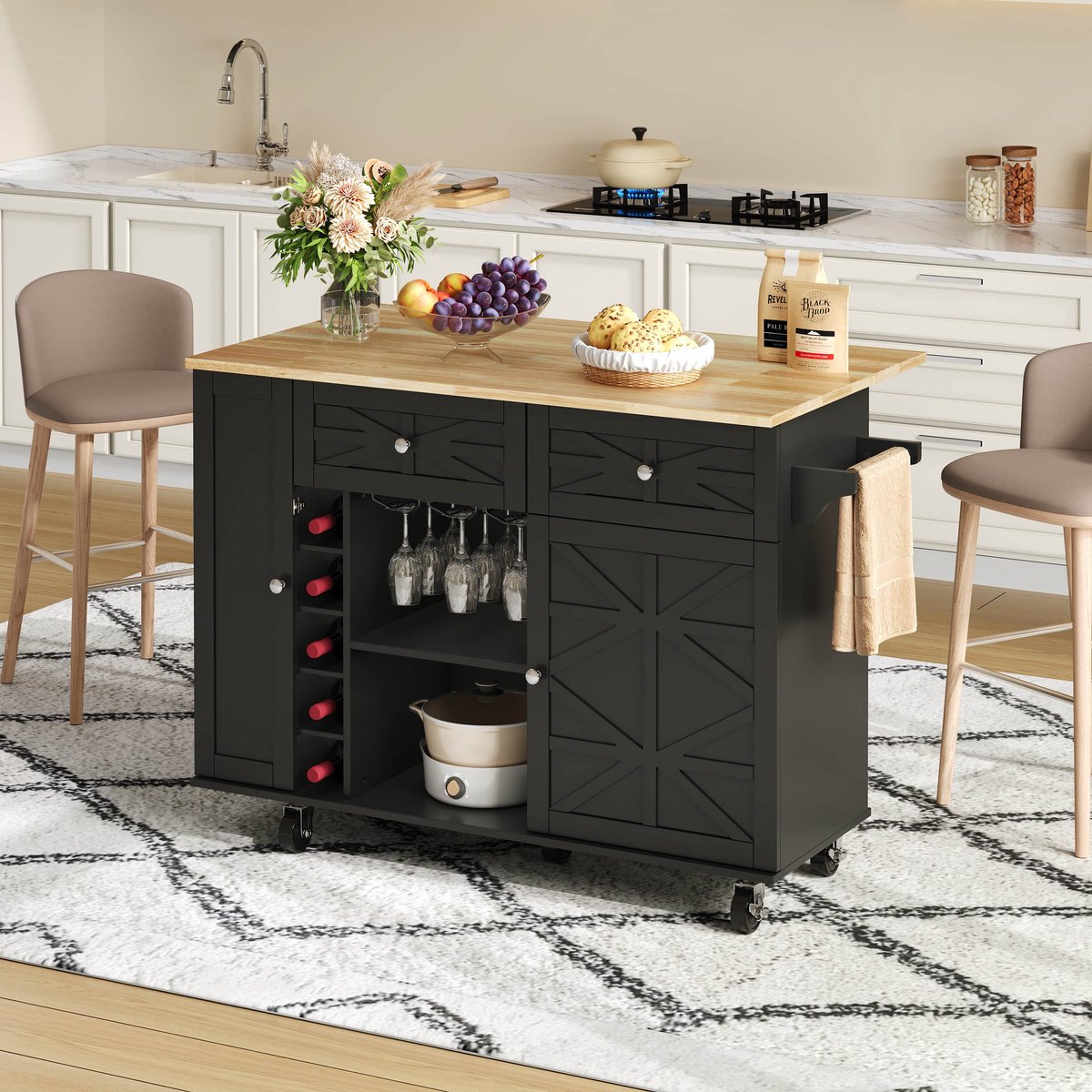 MODENUIT Keukeneiland - Met Klapbaar Werkblad En Wielen - Voor Keuken En Barhoek - MDF Zwart - 120x45x89 Cm