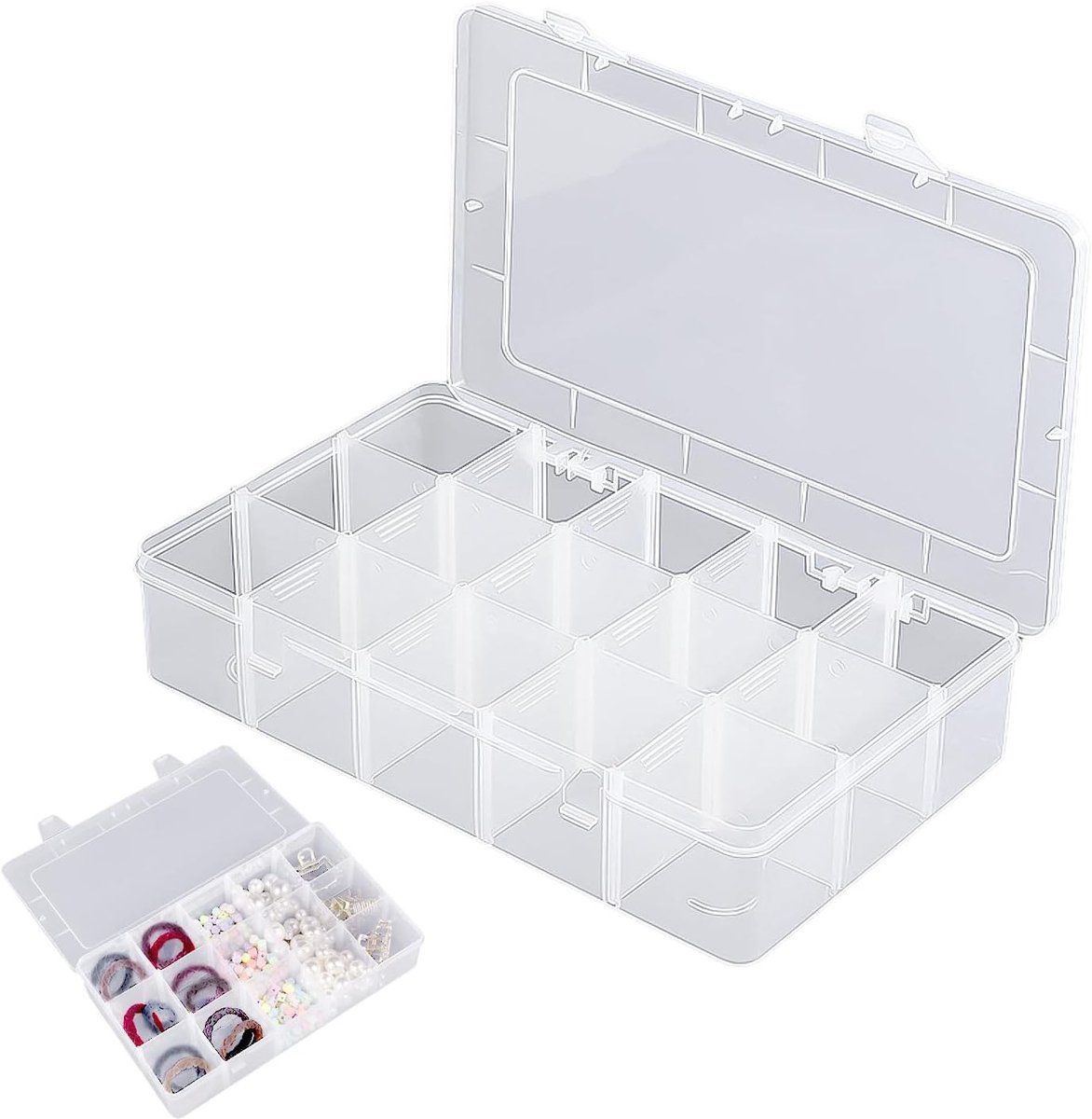 Multifunctionele Opbergdoos van Doorzichtig Plastic met 15 Compartimenten voor Sieraden en Accessoires, Ideaal voor Reizen en Organisatie