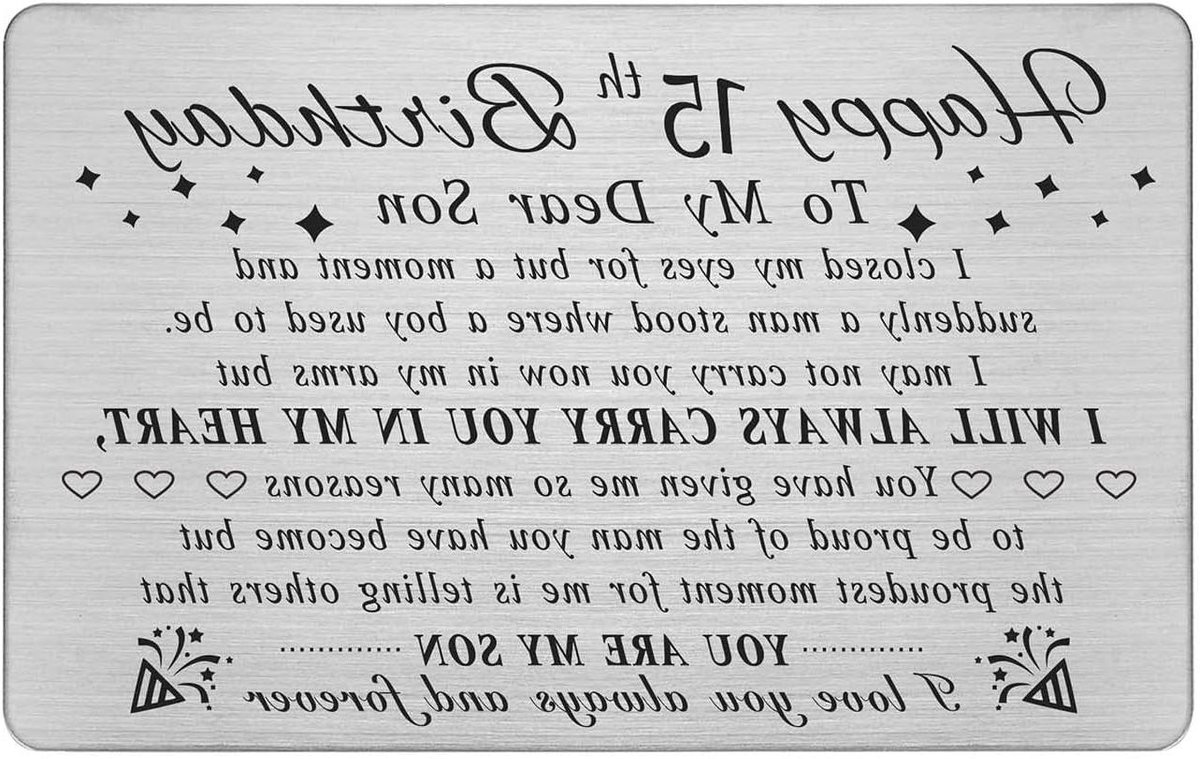 Verjaardagskaart Zoon - Cadeaukaart Portemonnee - Verjaardag Vieren - Roestvrij Staal Gravure - 8.6 x 5.4 cm - Zilver