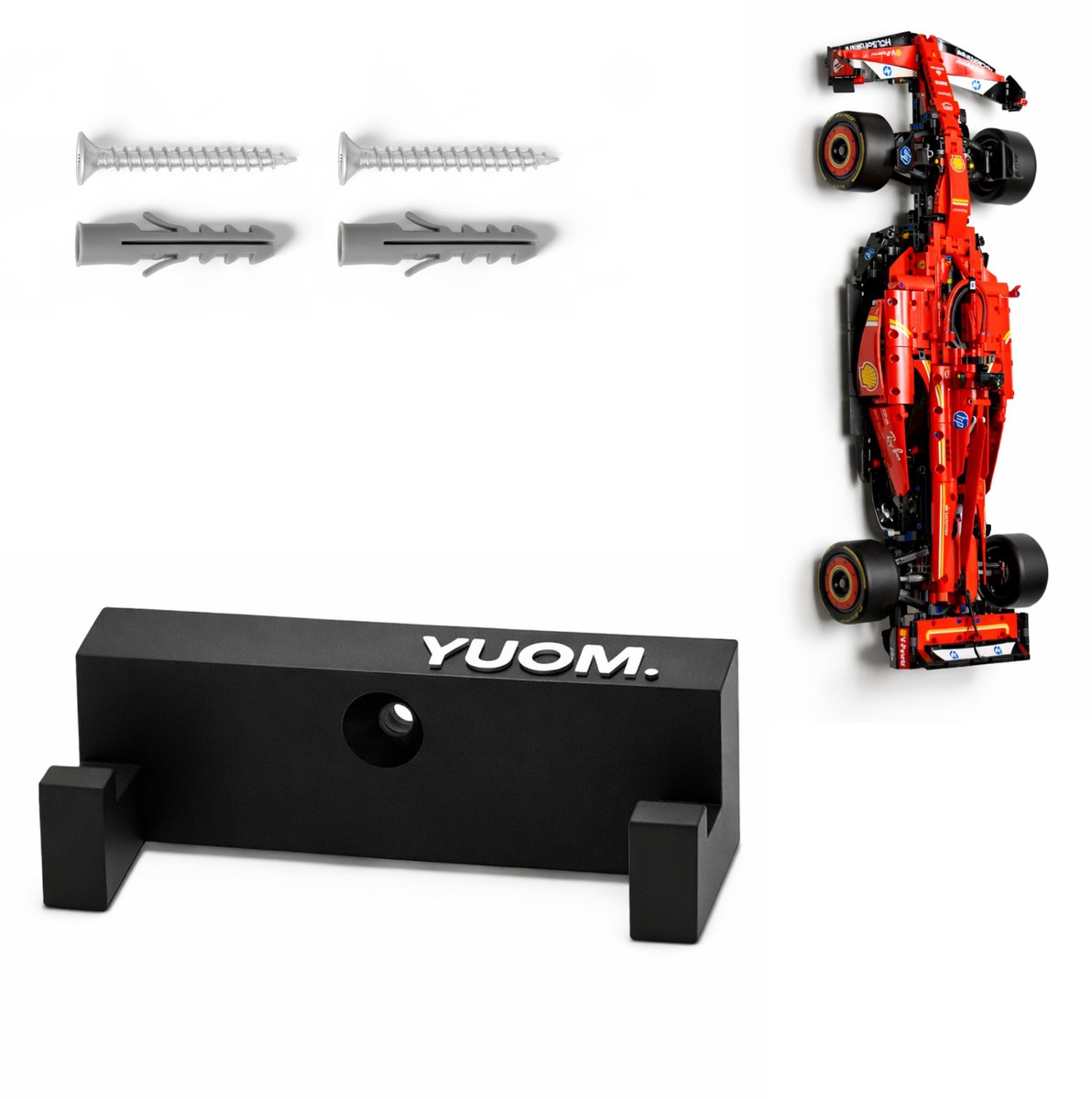 YUOM. Wandhouder geschikt voor LEGO Technic 42207 Ferrari F1 Auto – Wall Mount – incl. schroeven & pluggen – Zwart