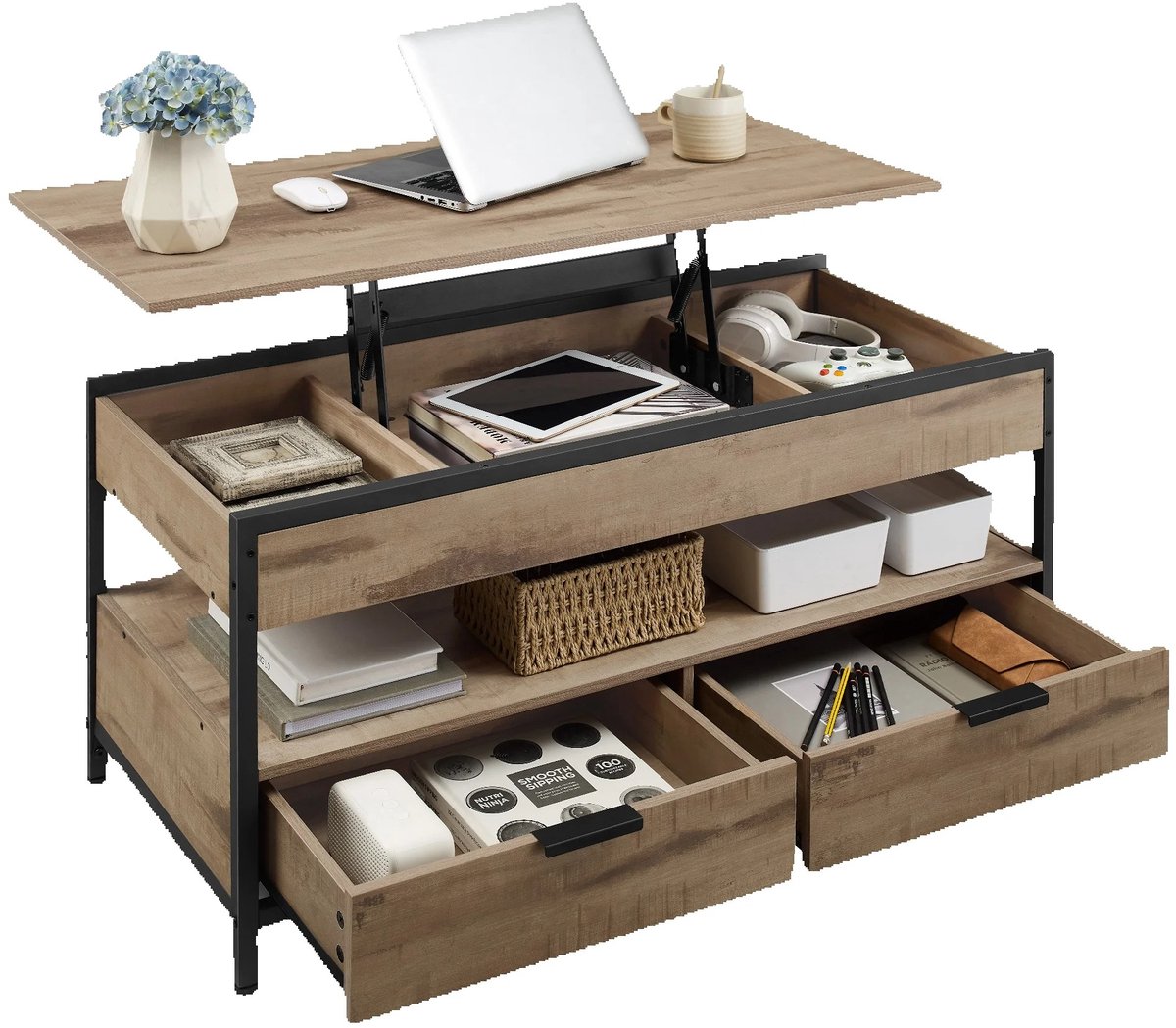 NordHaus Salontafel Verstelbaar Tafelblad - Lift-Top Bijzettafel met Opbergruimte - Industrieel Design - 100x50x48-63 cm