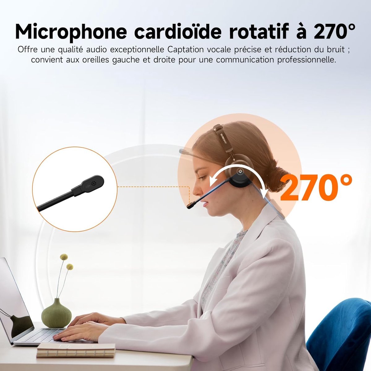 Draadloze Headset - Kantoor Headset Vergader Headset - Thuiswerken en Bellen - ENC Ruisonderdrukking - 48 Uur Batterij - Zilvergrijs thumbnail 7