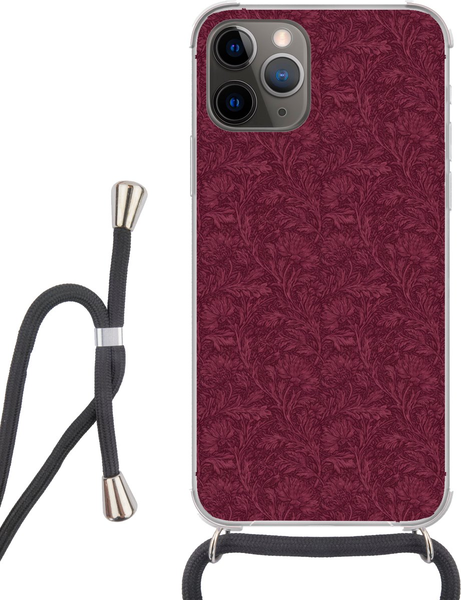 Telefoonhoesje Geschikt voor iPhone 13 Pro - Bladeren - Patroon - Paars - Siliconen - Crossbody - Backcover met Koord - Telefoonhoesje met koord - Hoesje met touw Telefoonhoesje