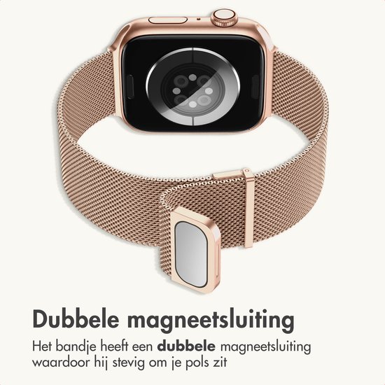 Rosegouden Apple Watch met Milanese bandje en dubbele magneetsluiting, met tekst 'Dubbele magneetsluiting'.