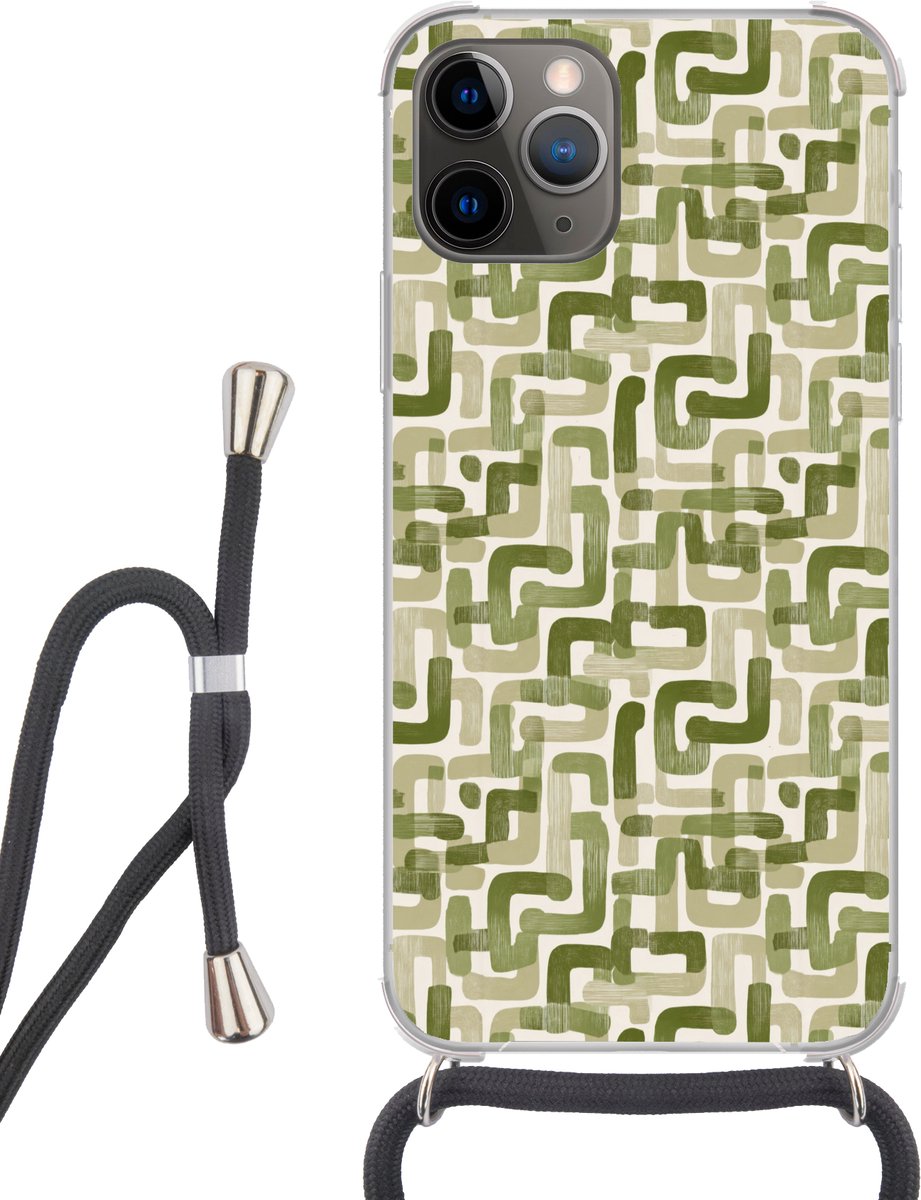 Telefoonhoesje Geschikt voor iPhone 11 Pro - Modern - Grafisch - Groen - Siliconen - Crossbody - Backcover met Koord - Telefoonhoesje met koord - Hoesje met touw Telefoonhoesje