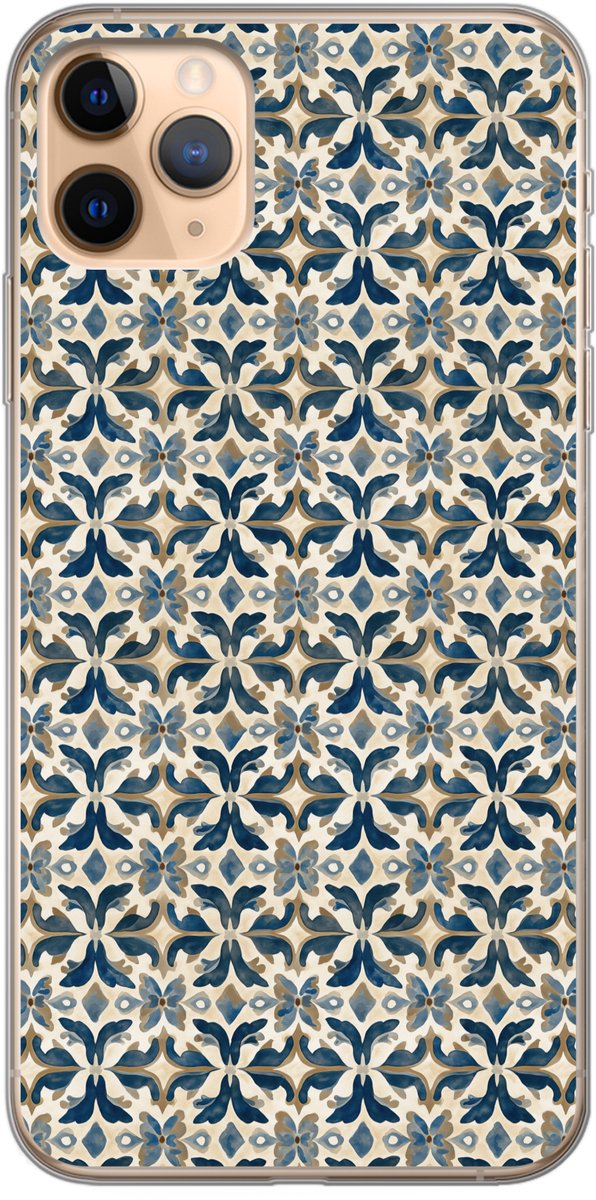 Telefoonhoesje Geschikt voor iPhone 11 Pro Max hoesje - Tegel - Patroon - Blauw - Beige - Siliconen Telefoonhoesje Telefoonhoesje