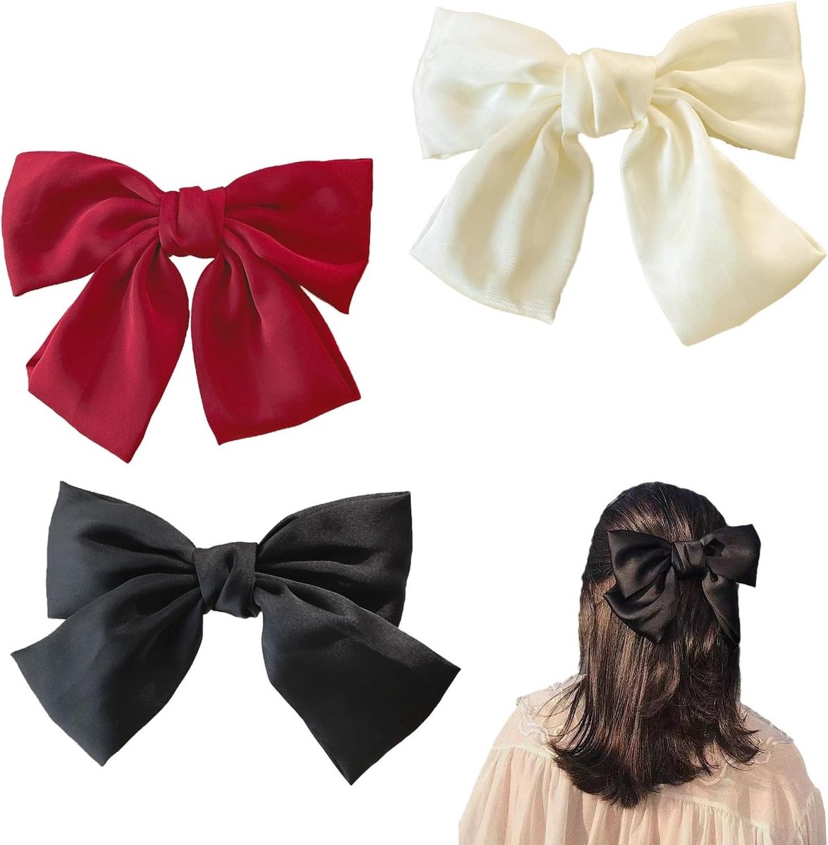 Grote Haarstrikken voor Vrouwen en Meisjes - 3 Stuks met Scheidingsclips en Metalen Haarclips - Zwart, Rood, Wit