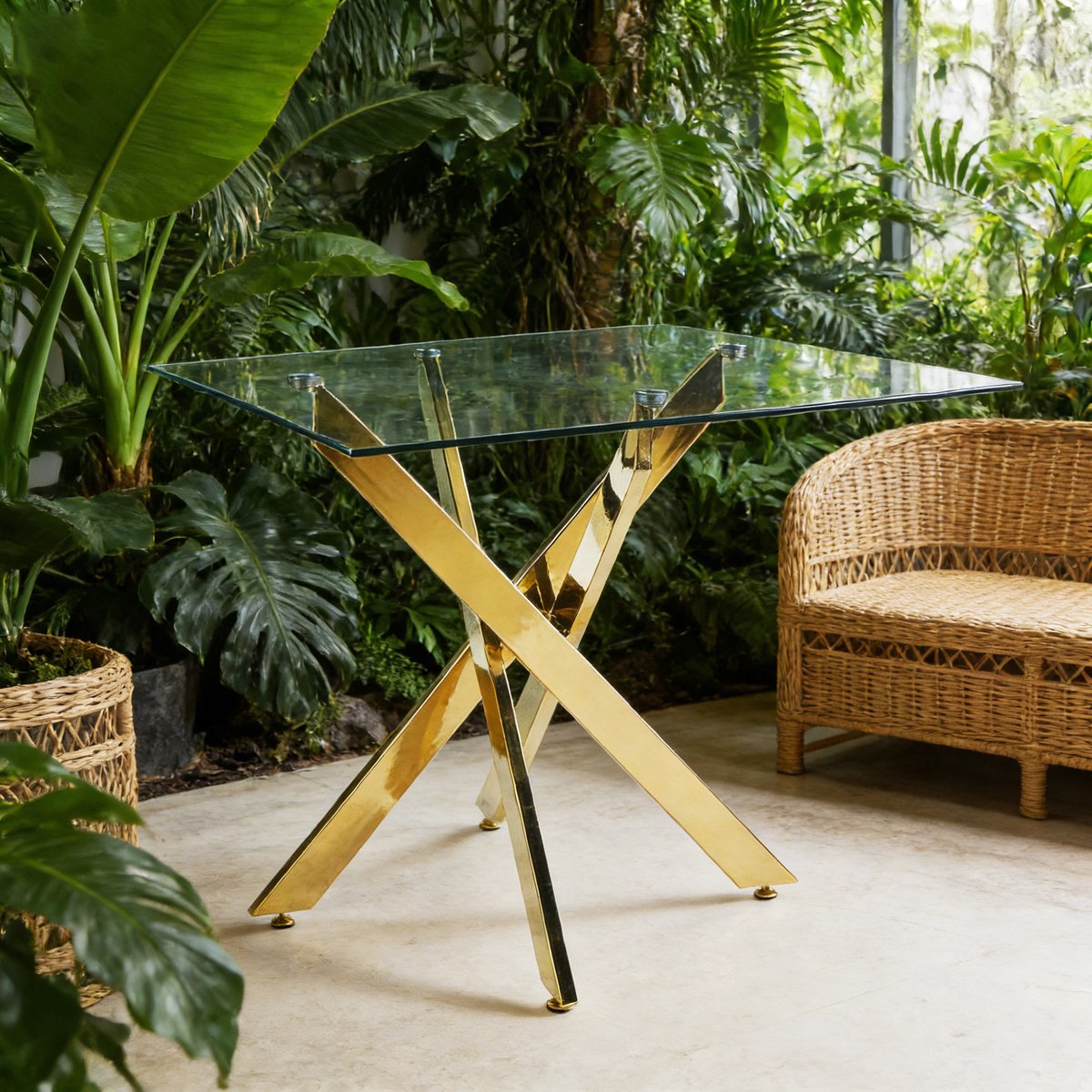 FloraGrace Eettafel - Vierkant Met Glazen Blad En Metalen Kruispoot - Voor Keuken En Woonkamer - Goud - 80x80x75 Cm Gouden