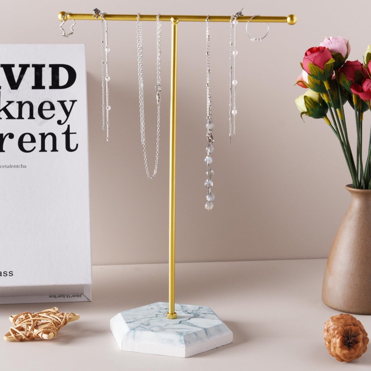 Jewellery Organiser - T-Bar Necklace Display Stand - Earring Holder - Metal Hanging Pendant - Marble Pattern Rack - Jewelry Display Stand for Bracelets, Rings en Watches