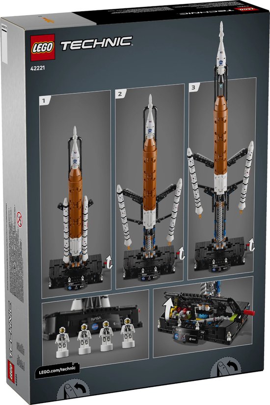 Doos LEGO Technic 42221 met afbeeldingen van het ruimtevaartuig in verschillende stadia, astronauten en technische details.
