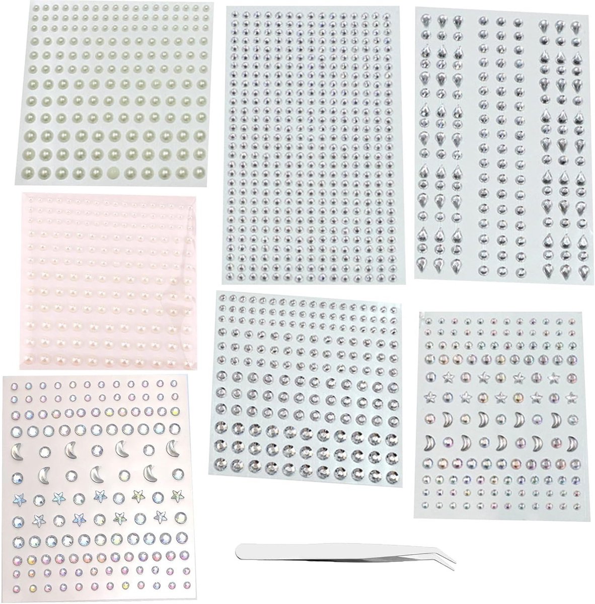 Zelfklevende Parels Stickers - Crystal Gemstones voor Gezicht, Haar, Nagels en DIY Creaties - 7 Stuks (Wit)