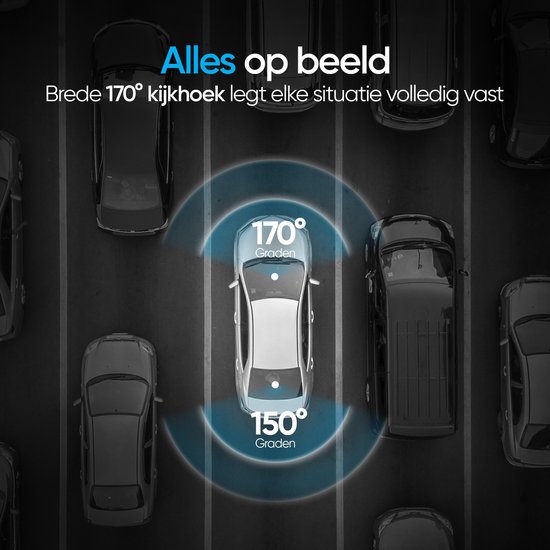 Overzicht van een auto met 170° kijkhoek en 150° kijkhoek van een dashcam.