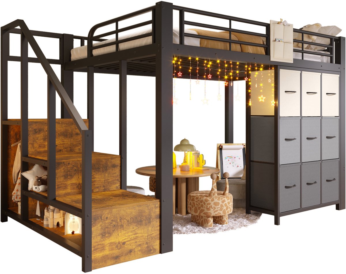 Merax Hoogslaper 140x200 cm - Metalen Stapelbed met Opbergruimte - Inclusief Lades - Kledingstang - Trap met Kast - Zwart