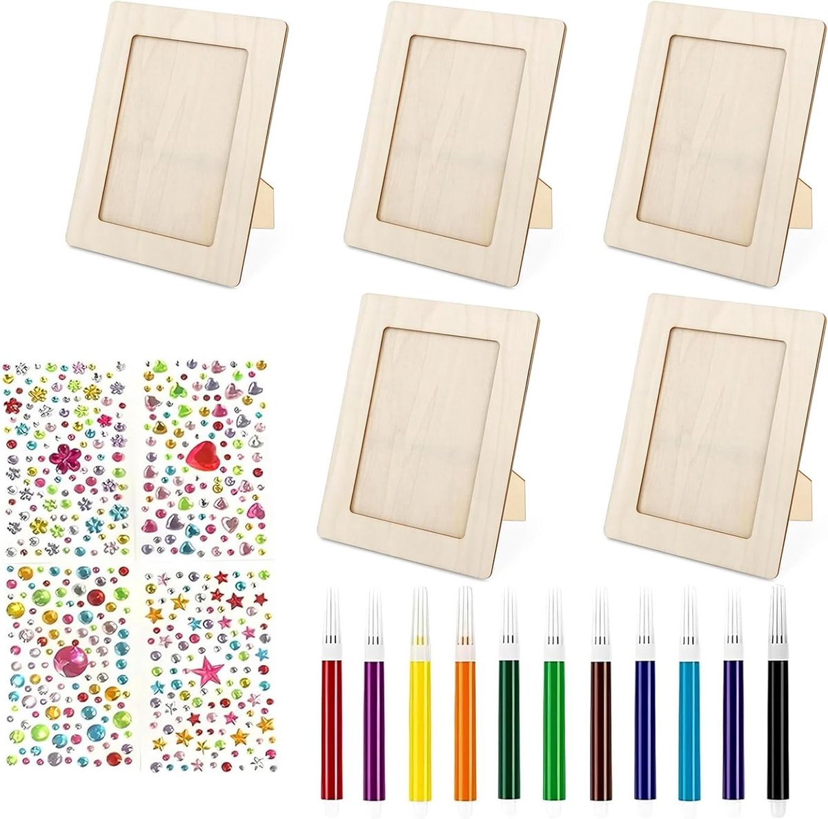 Creatieve Knutselset voor Kinderverjaardagen: 10 Houten Fotolijsten om te Schilderen, Inclusief 12 Kleurenpotloden en Strass Steentjes voor DIY Fotolijsten en Creatieve Projecten