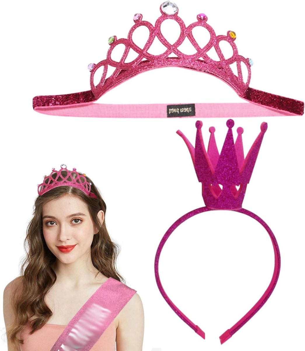 Twee Stuks Hoofdband met Kroon - Sprankelende Prinsessen Hoofdband met Elastische Band voor Verjaardagsfeest of Feestelijke Gelegenheden