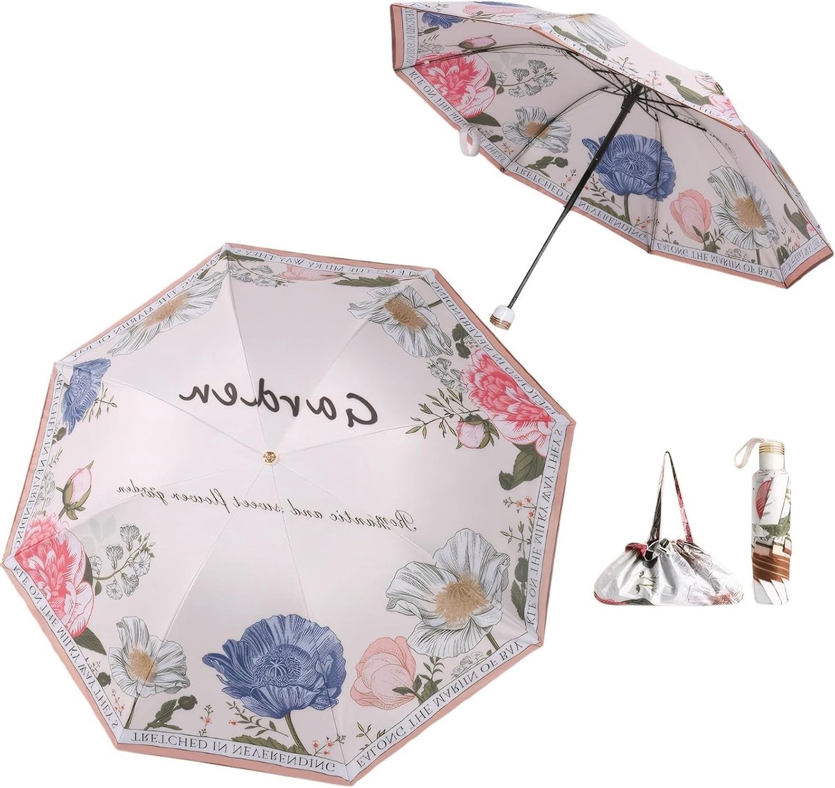 UPF50+ Parasol met Tas - UV Bescherming, Lichtgewicht en Waterdicht - Dubbele Laag, Verbeterd Ontwerp, Winddicht en Retro Bloemenpatroon voor Vrouwen tijdens Reizen