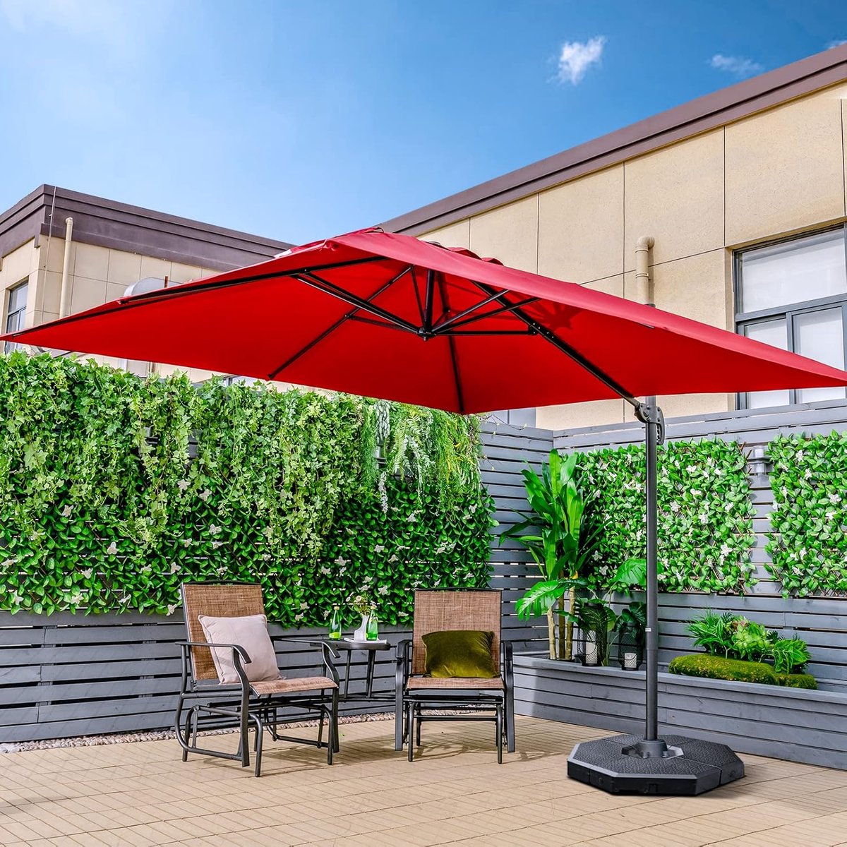 Zweefparasol 300x300 cm Vierkant – 360° Draaibaar & Kantelbaar met Zwenkarm en Zwengel – UV50+ Waterdicht – Grote Luxe Tuinparasol voor Terras, Balkon & Horeca – Wijnrood – Nicolehome