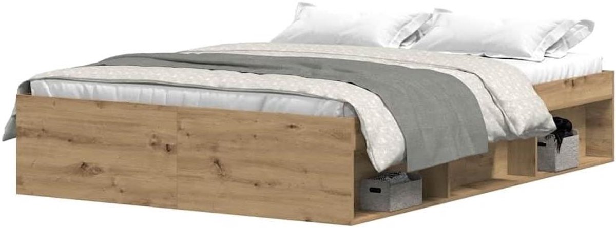Bedframe met Opbergvakken - Tweepersoonsbed Bodem - Slaapkamer Organisatie - 6 Open Opbergvakken - 135 x 190 cm - Artisanaal Eikenkleurig